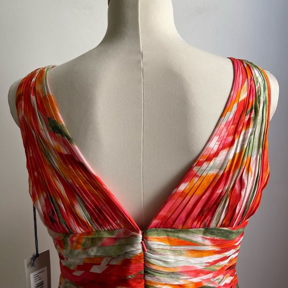 NWT Monique Lhuillier Silk Midi Dress Floral Orange Multicolor Pleated Size 12 - Picture 4 of 7